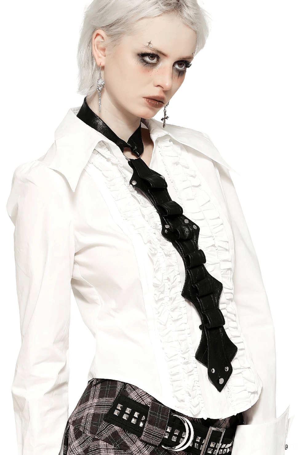 Black faux leather gothic neck harness profile view showing Y-shaped segmented design and adjustable clasp