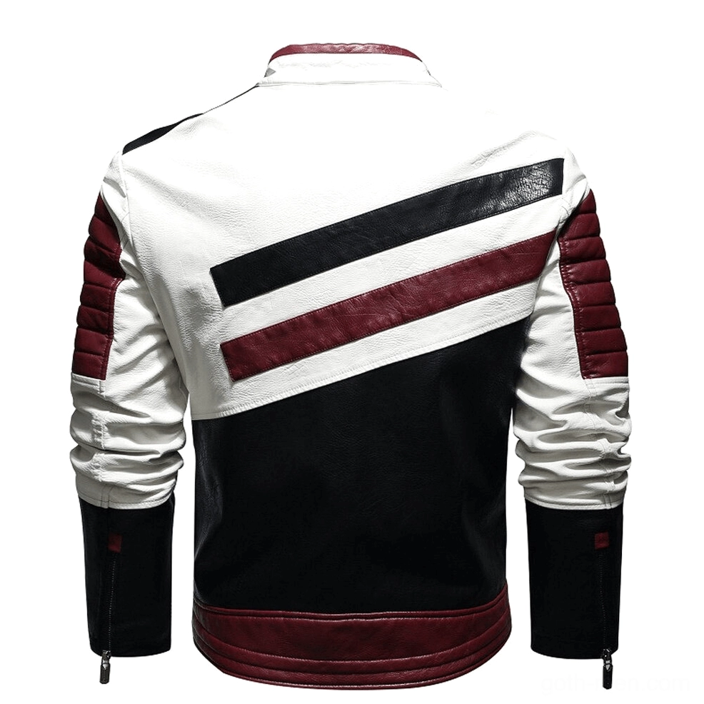 Back view of gothic PU biker jacket with striped back panel detail and quilted leather accents