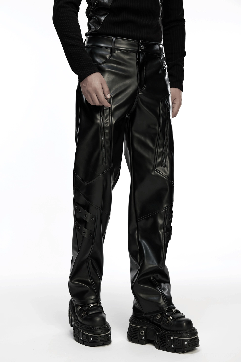 Industrial goth leather pants movement and flexibility functional design showcase