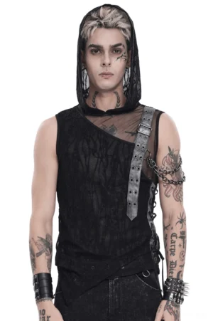 Black gothic hooded sleeveless mesh tank top front view with faux leather buckle strap and cracked mesh pattern