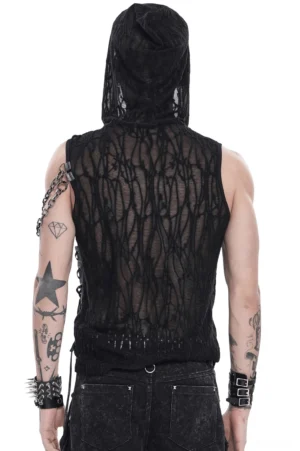 Gothic hooded mesh vest back view showing chain arm decorations and asymmetrical studded hem detail