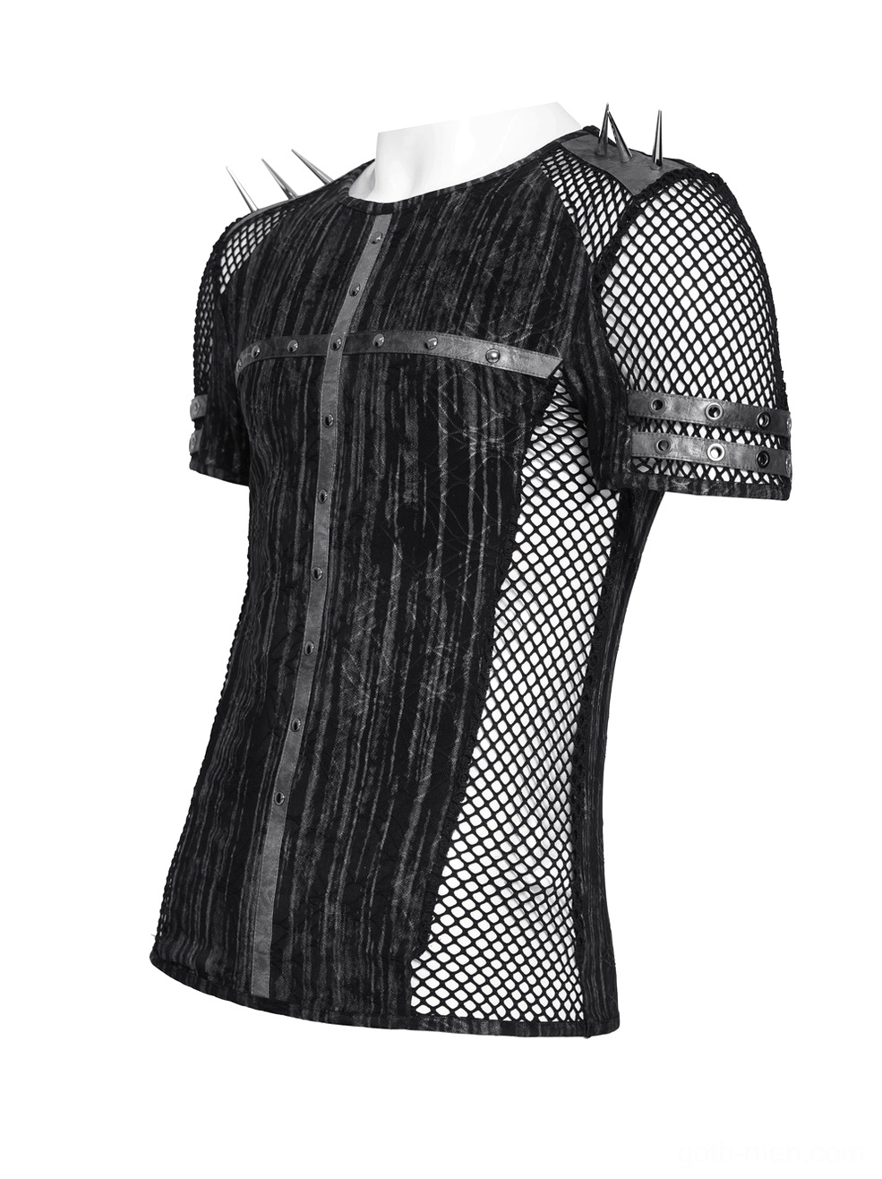 Goth cyberpunk mesh t-shirt three-quarter view displaying mesh panels and hardware