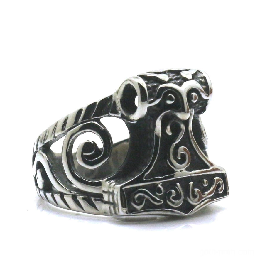 Vintage finish Thor's Hammer men's gothic ring with aged dark silver patina and intricate carved Nordic pattern details - front perspective