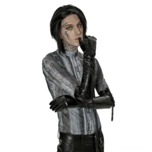 Black patent leather statement gloves with detachable wrist chain, side view on male goth model showing glossy finish and chain detail