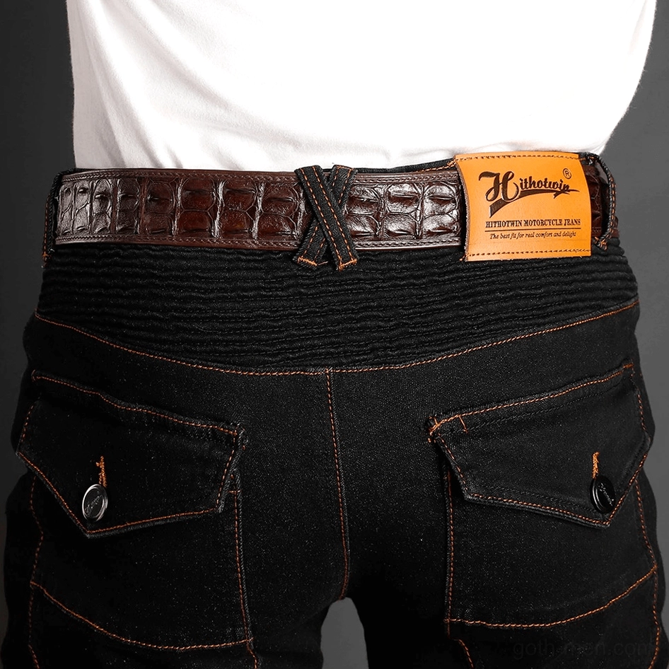 Gothic protective motorcycle biker jeans showcasing structured silhouette, reinforced construction, and dark aesthetic styling