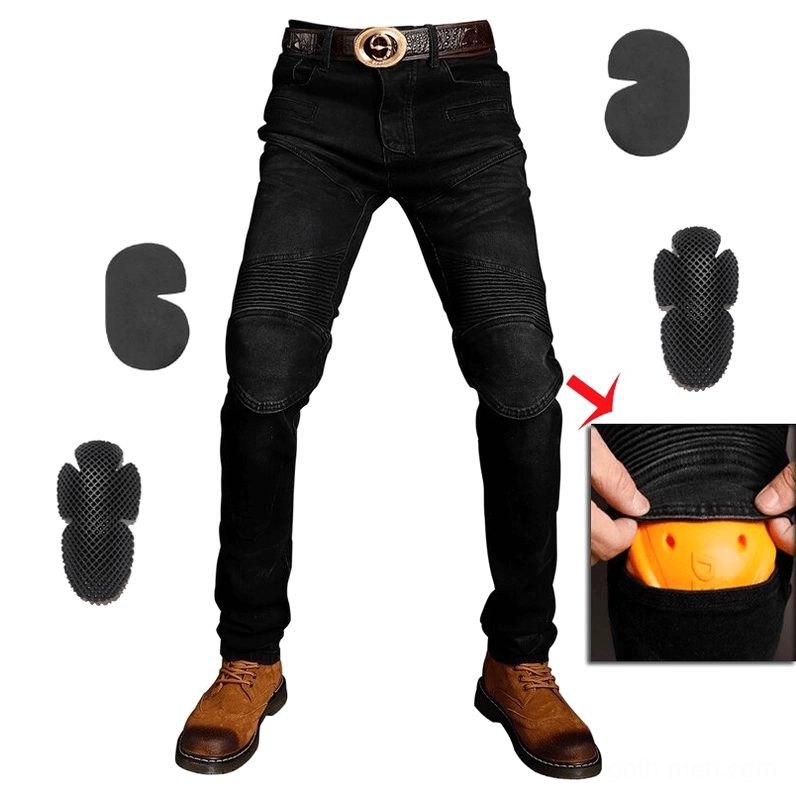 Detailed front view of protective armor pads system in black gothic biker jeans, showing removable knee and hip protection