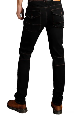 Rear view of black armor-padded biker jeans showing multi-flap back pockets and structural leather belt detail