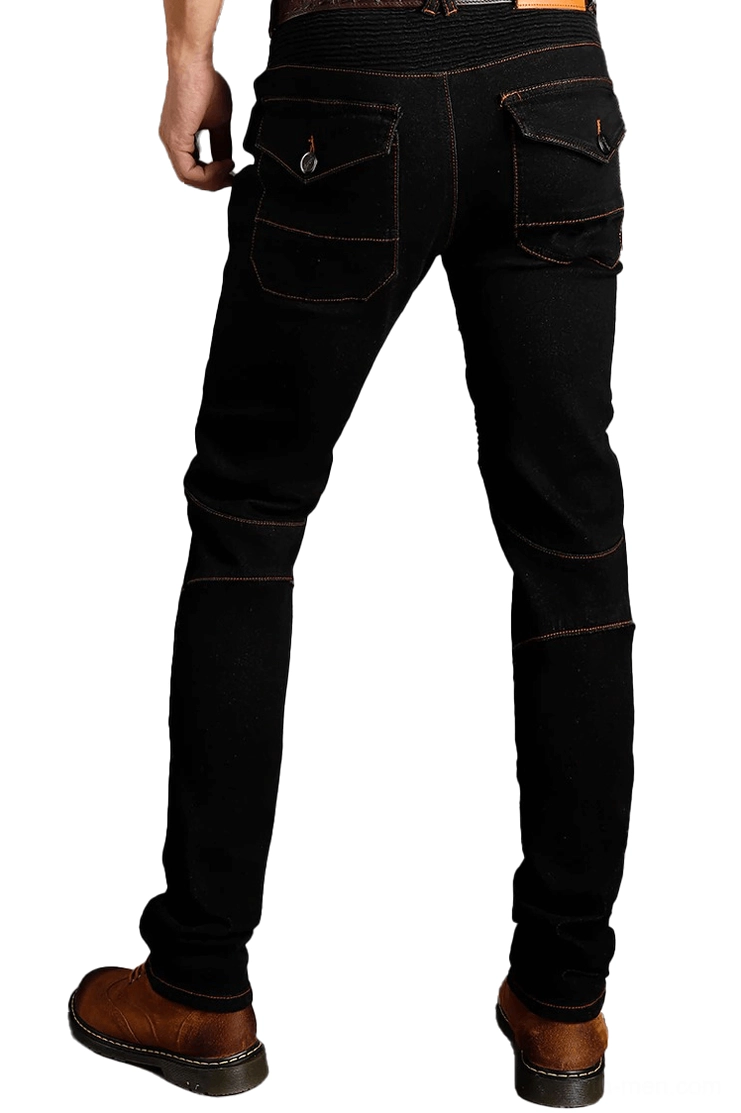 Rear view of black armor-padded biker jeans showing multi-flap back pockets and structural leather belt detail