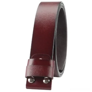 Burgundy leather belt side profile showing metal studs and scythe buckle construction