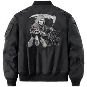 Grim reaper goth bomber jacket back view with full death embroidery and lettering detail