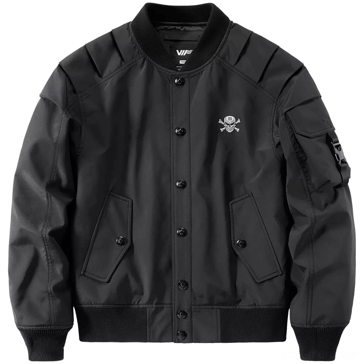 Front view of grim reaper gothic bomber jacket with chest skull embroidery and snap buttons