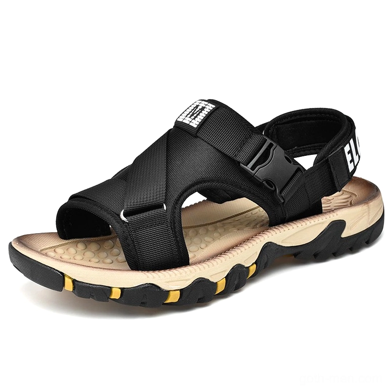 Dark alternative sandals with letter print heel strap detail, all-black upper mesh design