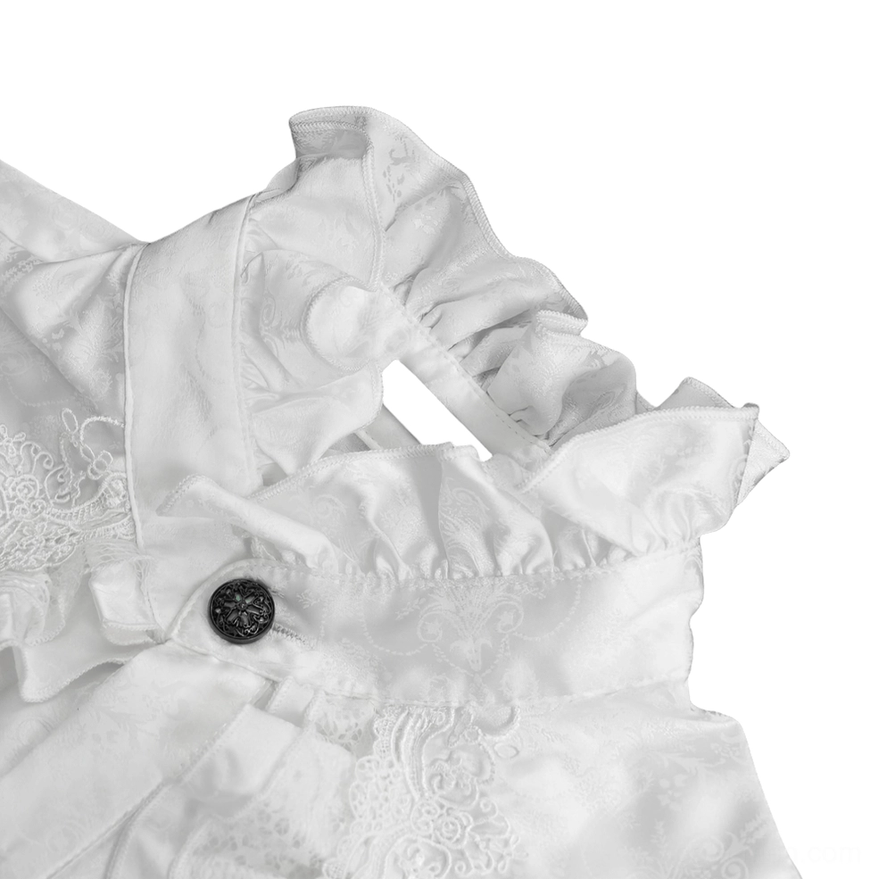 Close-up detail shot of Victorian gothic white shirt ruffled stand collar with embroidered lace trim, showing texture and black metal vintage button against white background