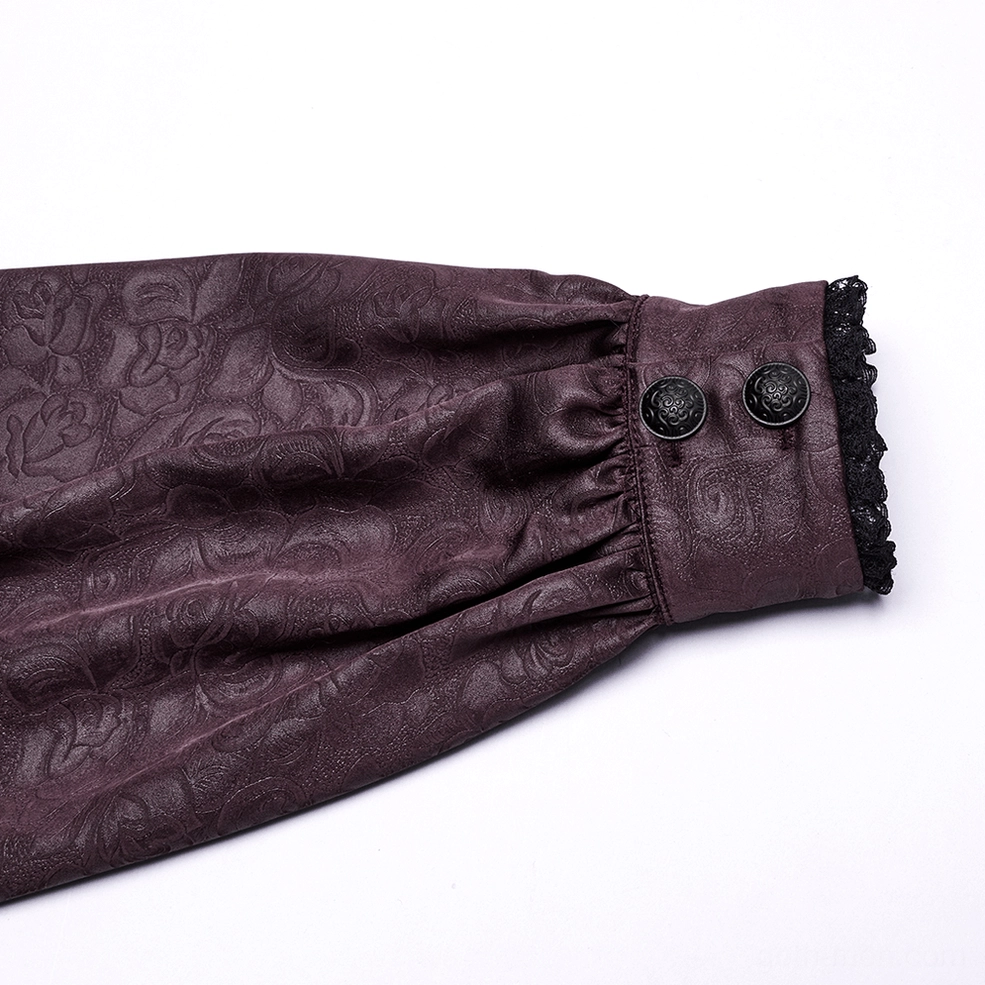 Gothic shirt sleeve cuff close-up - black buttons, lace trim, and dark purple floral jacquard fabric