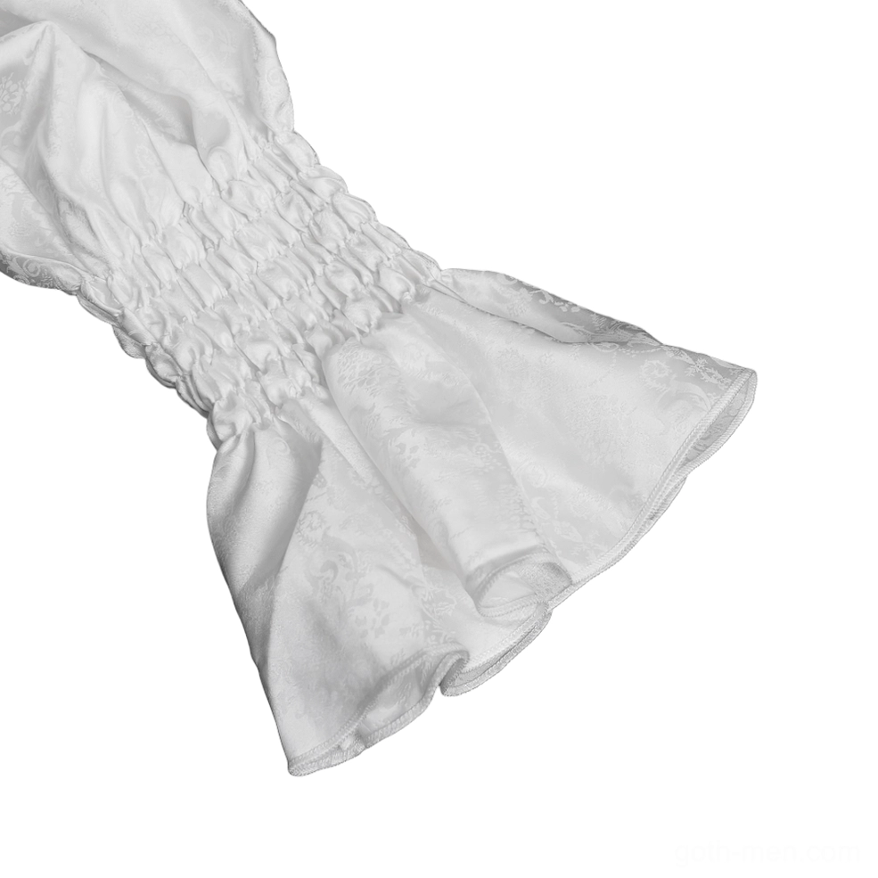 Victorian gothic white ruffled shirt detail highlighting smocked bell cuff with flared ruffle edge and decorative embroidered lace elements on jacquard base