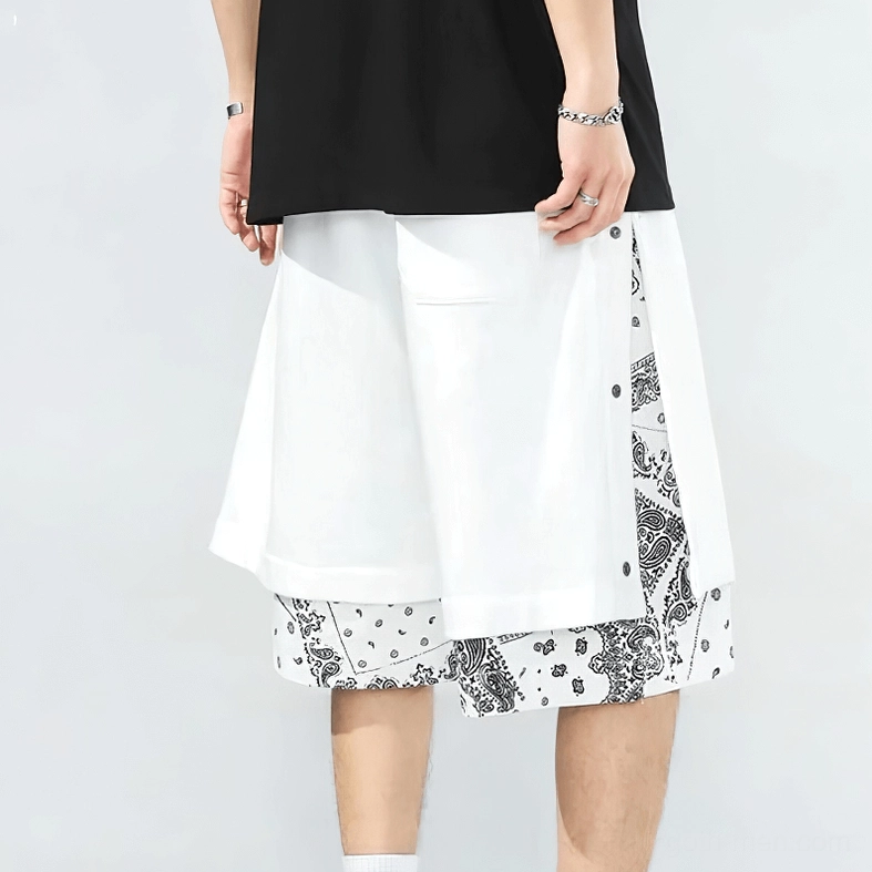 Gothic drawstring shorts detail shot highlighting paisley print construction and premium polyester quality