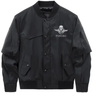 Black tactical skull embroidery bomber jacket front view - stand collar and chest skull logo with snap fasteners and flap pockets