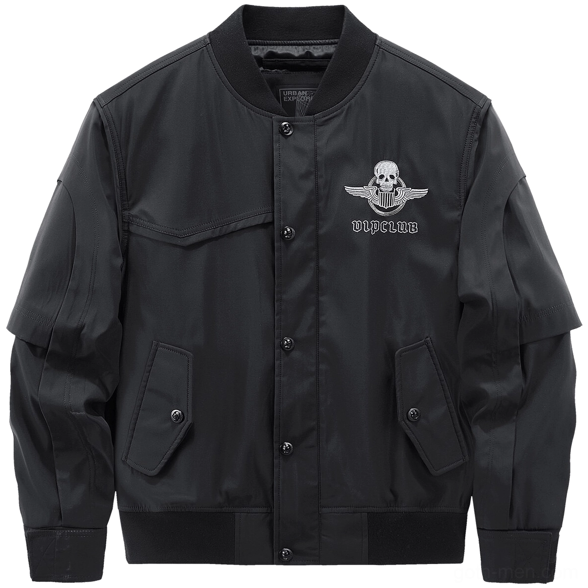 Black tactical skull embroidery bomber jacket front view - stand collar and chest skull logo with snap fasteners and flap pockets