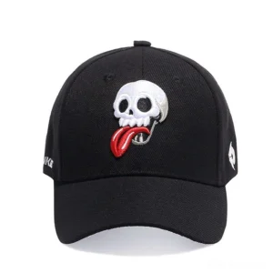 Front view of skull embroidered gothic snapback cap displaying central skull embroidery and side branding details