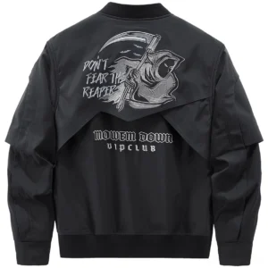 Gothic tactical skull embroidery bomber jacket rear view - stand collar windbreaker with grim reaper back embroidery and text details