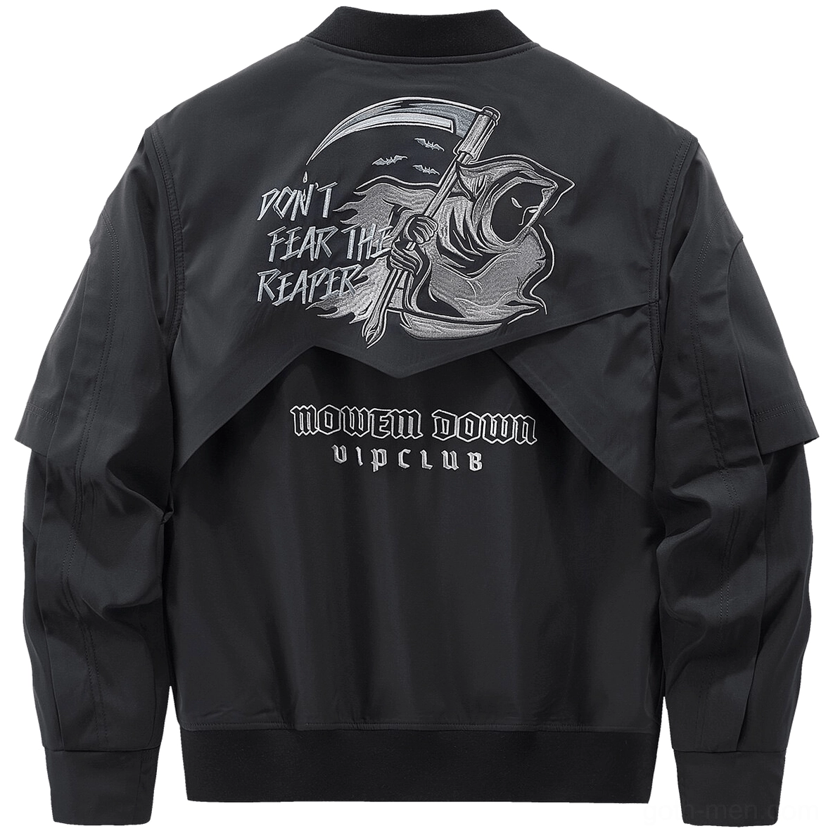 Gothic tactical skull embroidery bomber jacket rear view - stand collar windbreaker with grim reaper back embroidery and text details