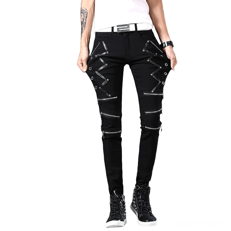 Black gothic biker jeans men front standing view with white belt and metal hardware details