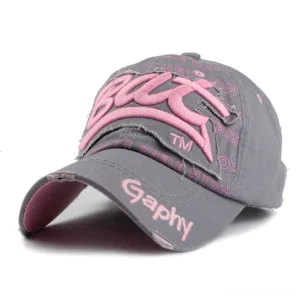 Gray goth snapback baseball cap with pink 3D BUT embroidery and distressed frayed brim