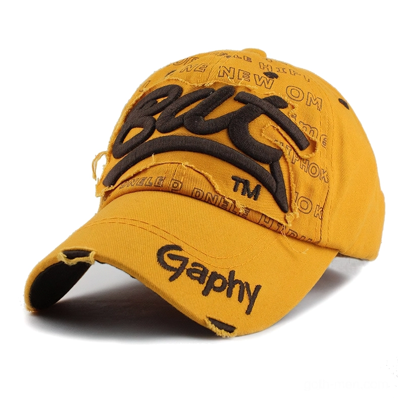 Tan steampunk goth snapback cap with brown 3D BUT embroidery and distressed frayed brim