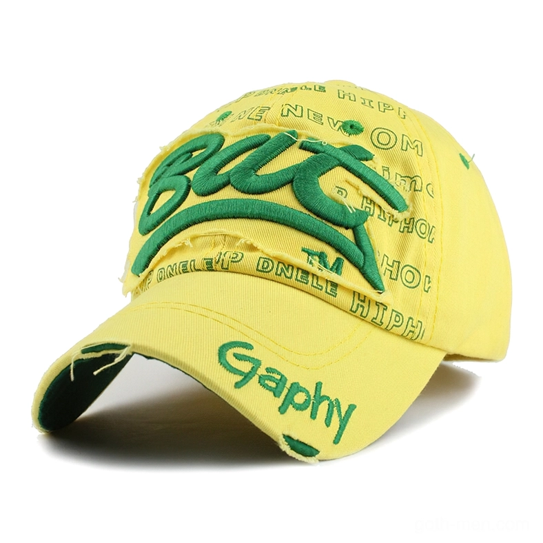Pastel yellow goth snapback cap with green 3D BUT embroidery and mini letter print accents