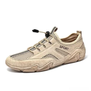 Khaki and beige alternative sneakers with breathable mesh panels and suede overlays - front angle view