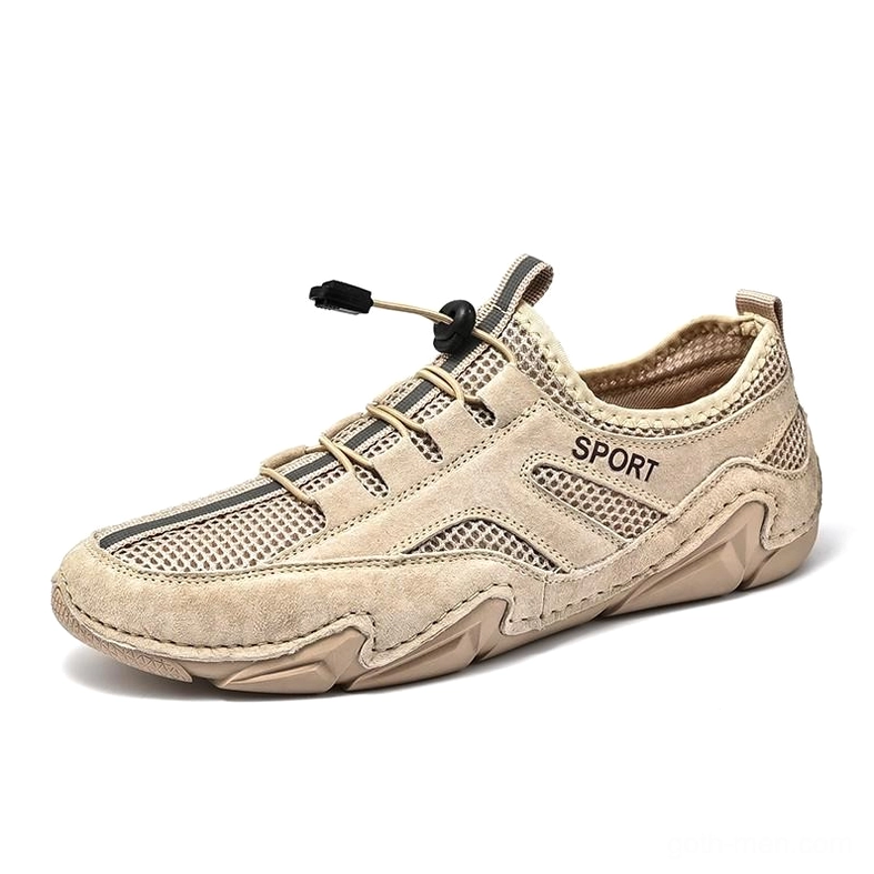 Khaki and beige alternative sneakers with breathable mesh panels and suede overlays - front angle view