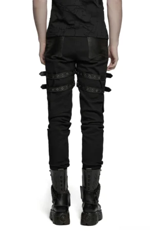 Industrial goth studded pants rear view showing leather back pockets and thigh strap hardware details