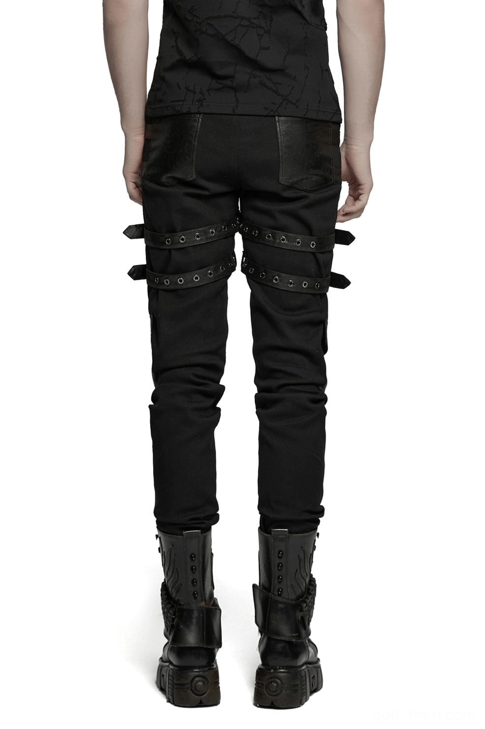 Industrial goth studded pants rear view showing leather back pockets and thigh strap hardware details