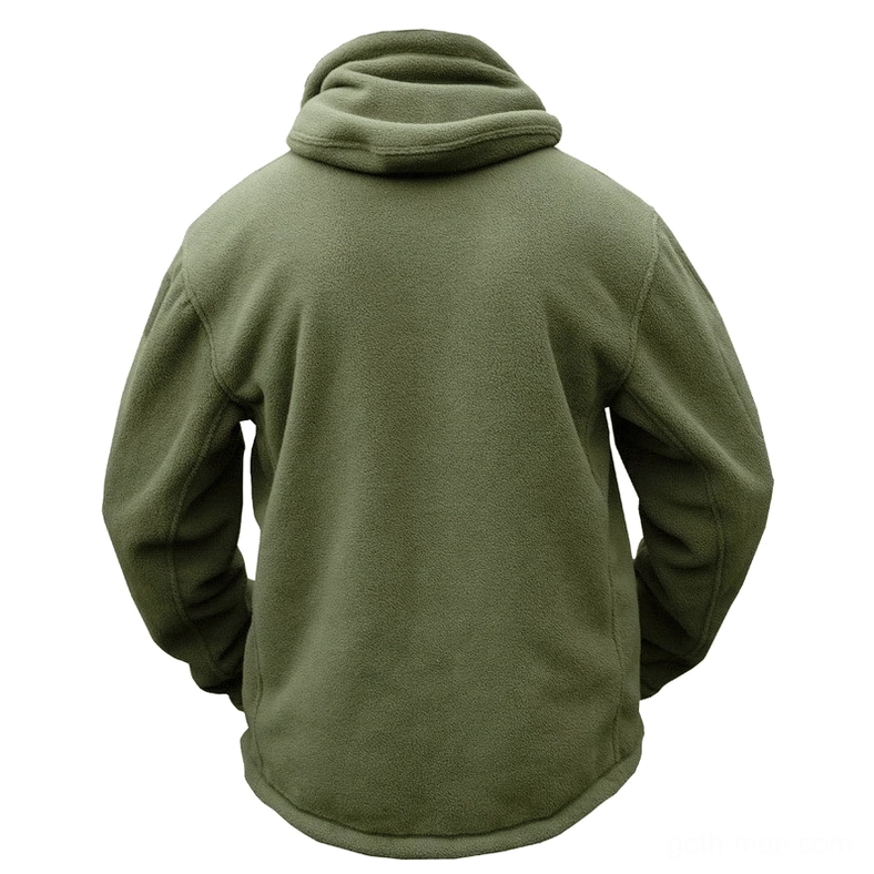 Olive fleece tactical hooded jacket full back view showing simple fleece back construction