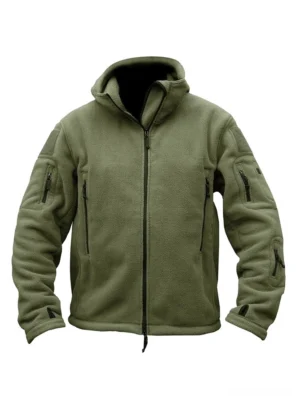 Gothic tactical fleece hooded jacket olive green front view with zippered pockets and drawstring hem