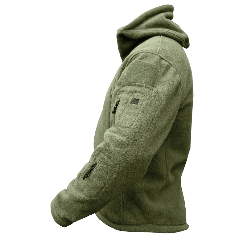 Olive tactical fleece jacket side rear view displaying utility arm patches and detailed construction