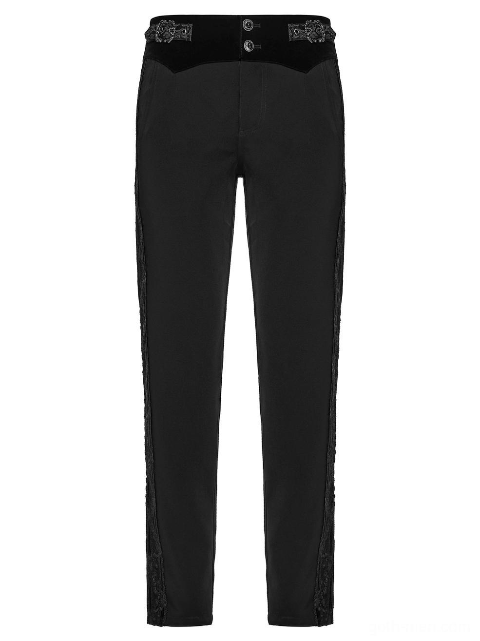 Front flat lay of black goth tailored pants with dual button closure and lace side seams