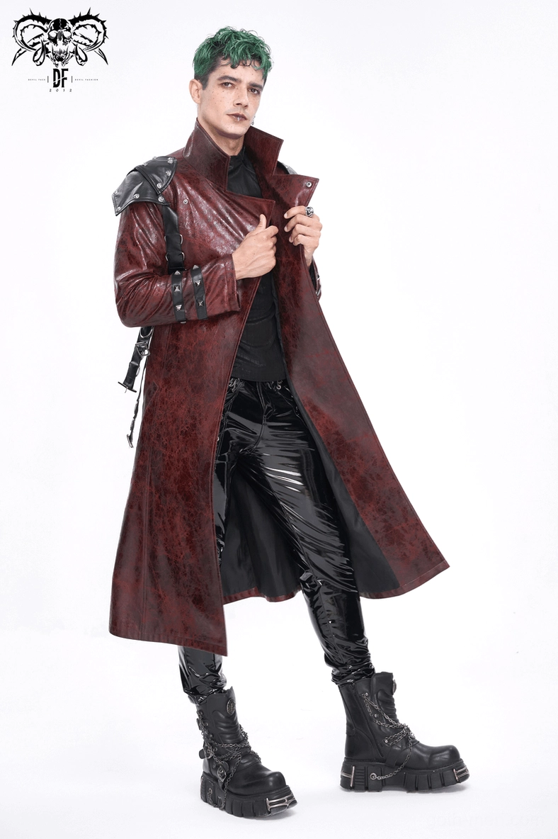 Goth trench coat with pyramid studs multi-buckle system burgundy leather front detail