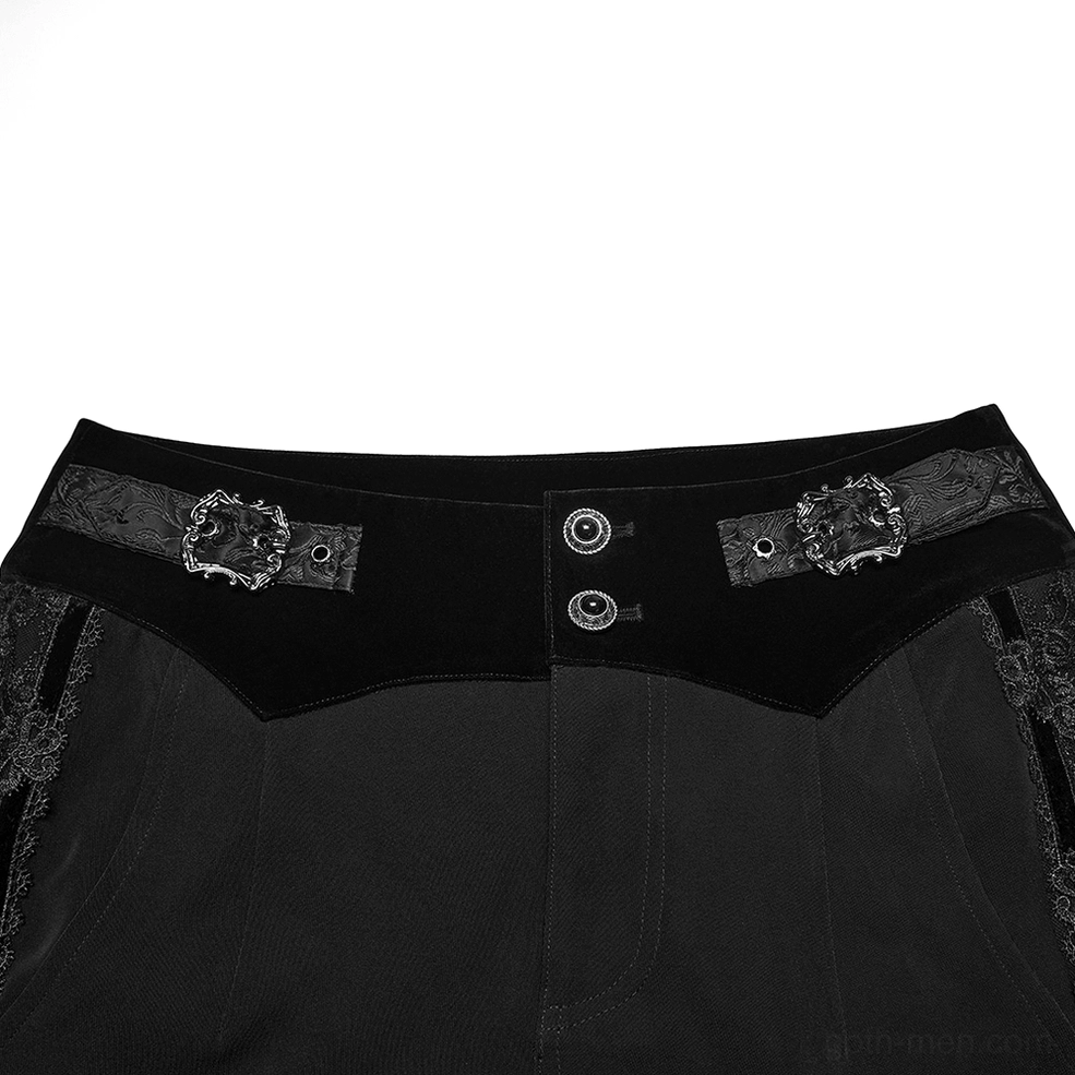Close-up detail of gothic trousers waistband - dual button fastening and vintage buckle straps
