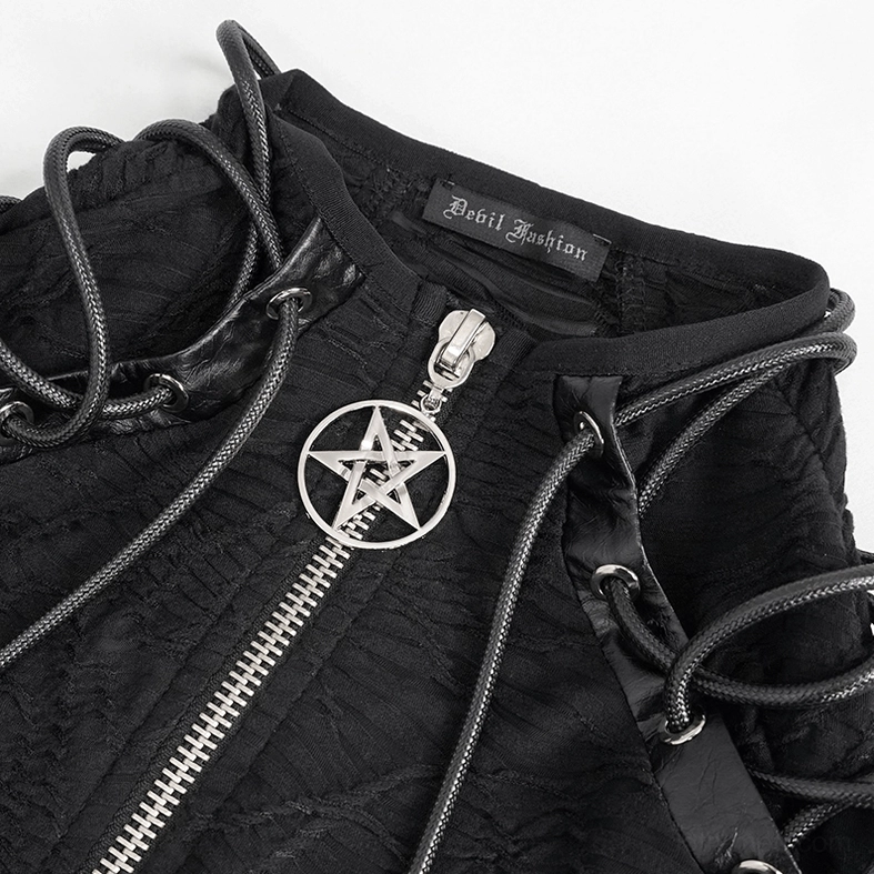 Close-up detail of gothic turtleneck sweatshirt collar and pentagram zipper pull with leather lace trim and brand tag