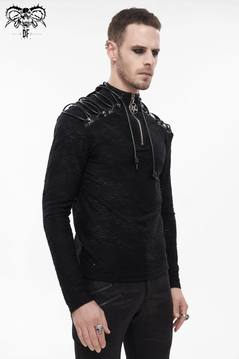Gothic turtleneck sweatshirt style shoot showing pentagram pendant zipper pull and shoulder lace-up system on flat surface