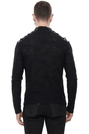 Black gothic turtleneck sweatshirt back view showing rear shoulder lace-up design and wavy knit texture