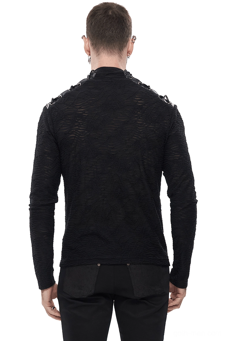 Black gothic turtleneck sweatshirt back view showing rear shoulder lace-up design and wavy knit texture