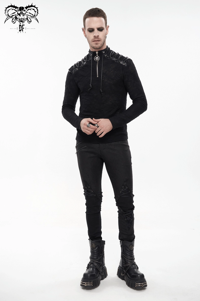 Gothic turtleneck sweatshirt construction detail showing seaming, shoulder lacing integration, and wavy knit structure