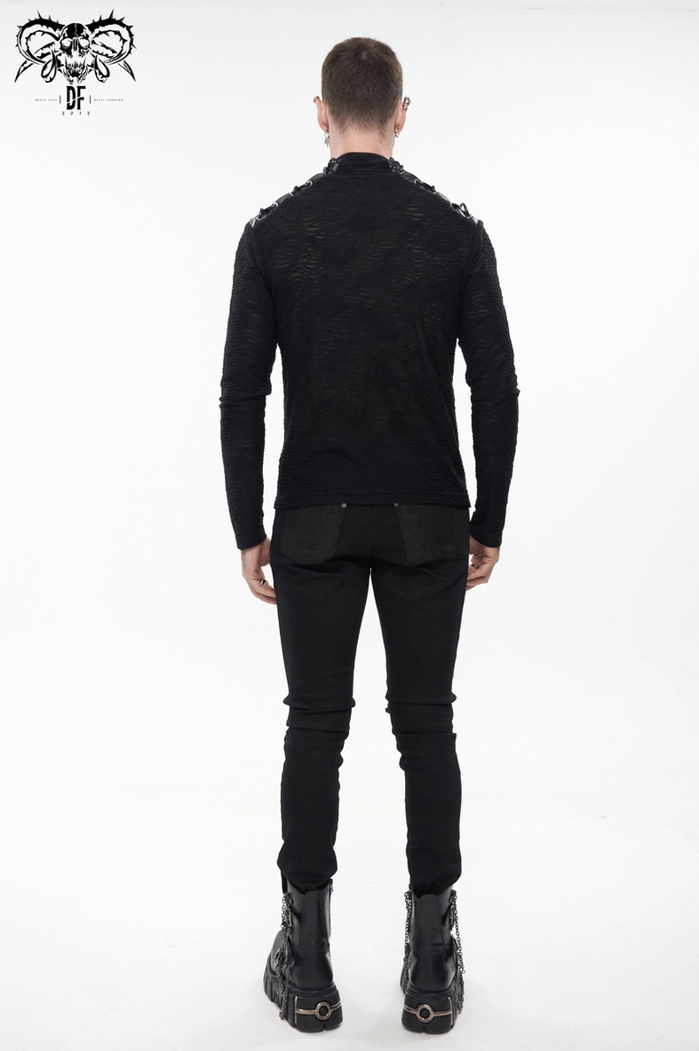 Lifestyle shot of black gothic turtleneck sweatshirt displayed on dress form showing half-zip collar and textured design