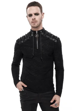Gothic turtleneck sweatshirt front view with half-zip collar, shoulder lacing detail, and pentagram pendant on male model