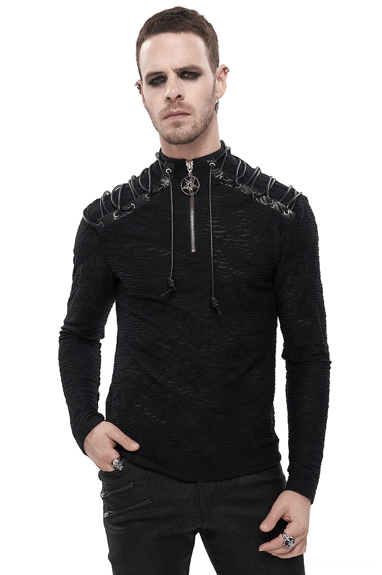 Gothic turtleneck sweatshirt front view with half-zip collar, shoulder lacing detail, and pentagram pendant on male model