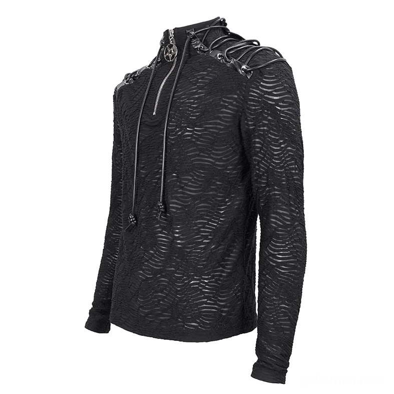 Left side view of gothic turtleneck sweatshirt showing half-zip neck, shoulder lace-up design, and wavy fabric texture