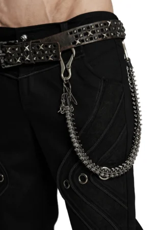 Gothic waist chain close-up detail showing scissor charm and lobster clasp on male lower torso