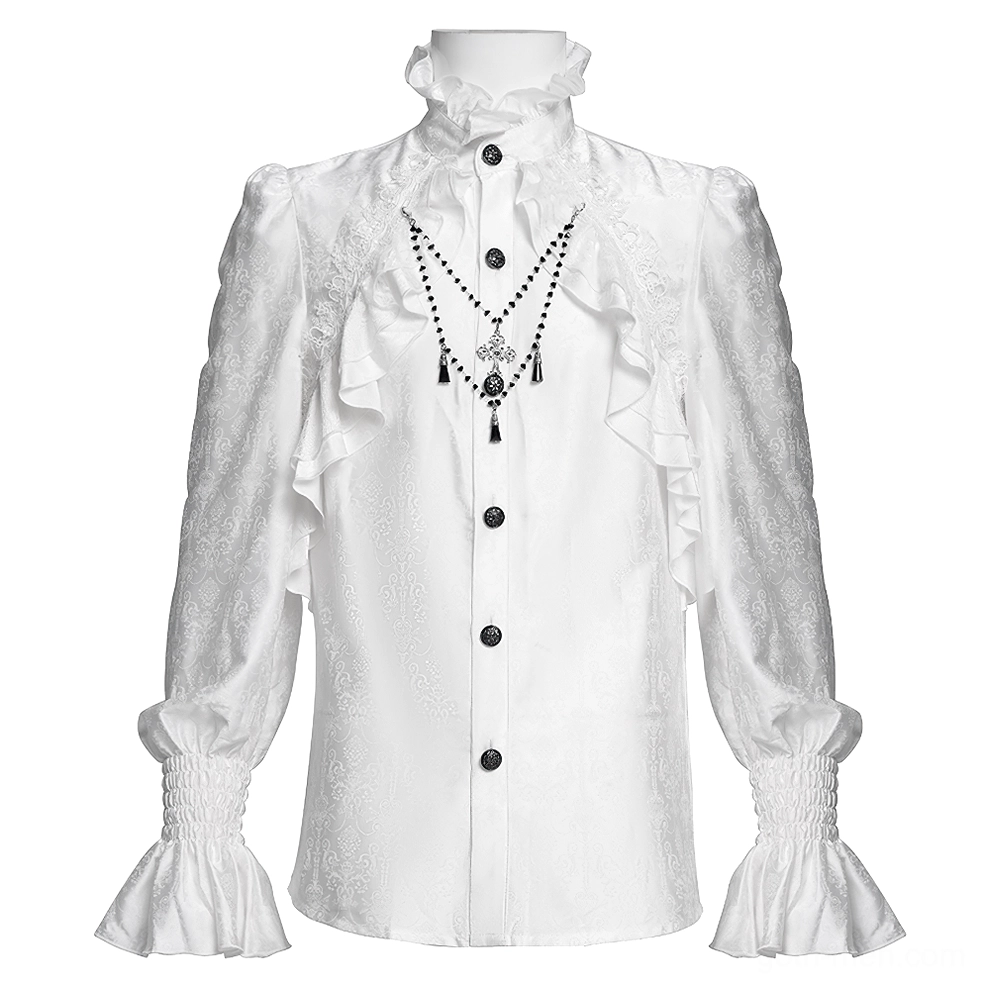 Victorian gothic white ruffled formal shirt on dress form, front ghost mannequin view showing stand collar with embroidered lace, cascading front ruffles, black metal buttons, and smocked bell cuffs
